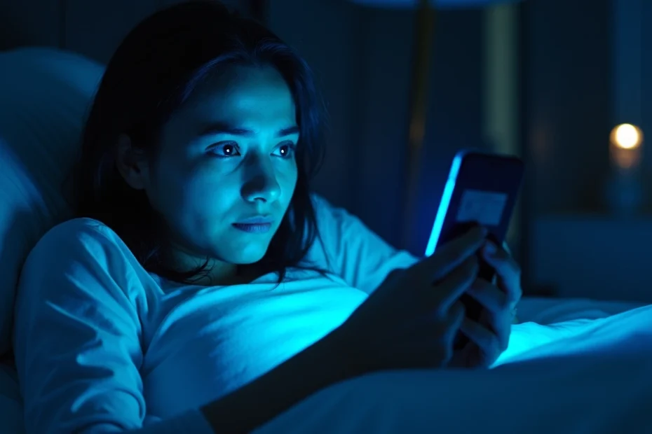 Person in bed looking at smartphone with blue light illuminating dark room