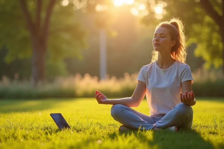 Woman meditating outdoors sitting cross-legged on grass with smartphone turned off nearby