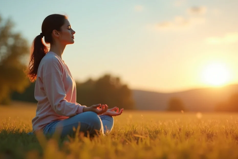 Woman sitting cross-legged outdoors practicing mindful breathing with eyes closed