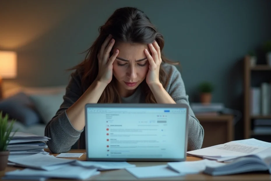 Woman sitting at a desk holding her head with anxiety, surrounded by clutter and a laptop screen displaying overwhelming notifications