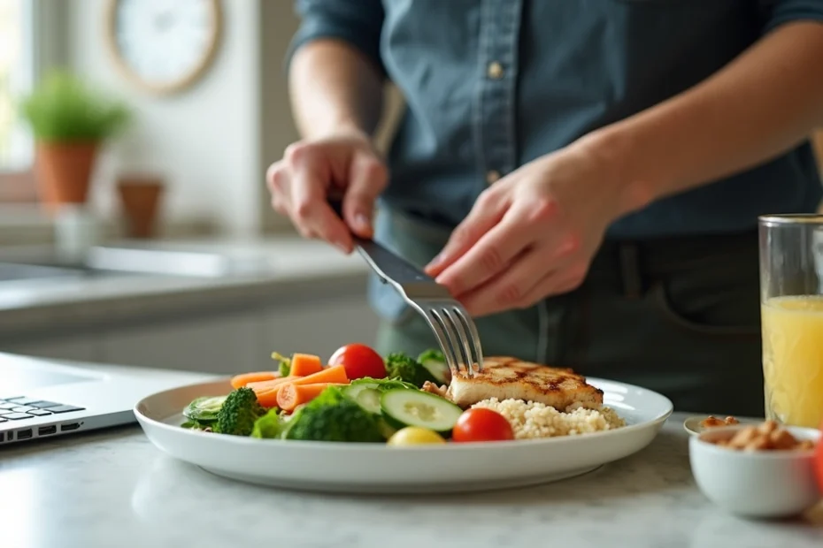 Busy professional preparing a colorful balanced meal at a tidy kitchen counter
