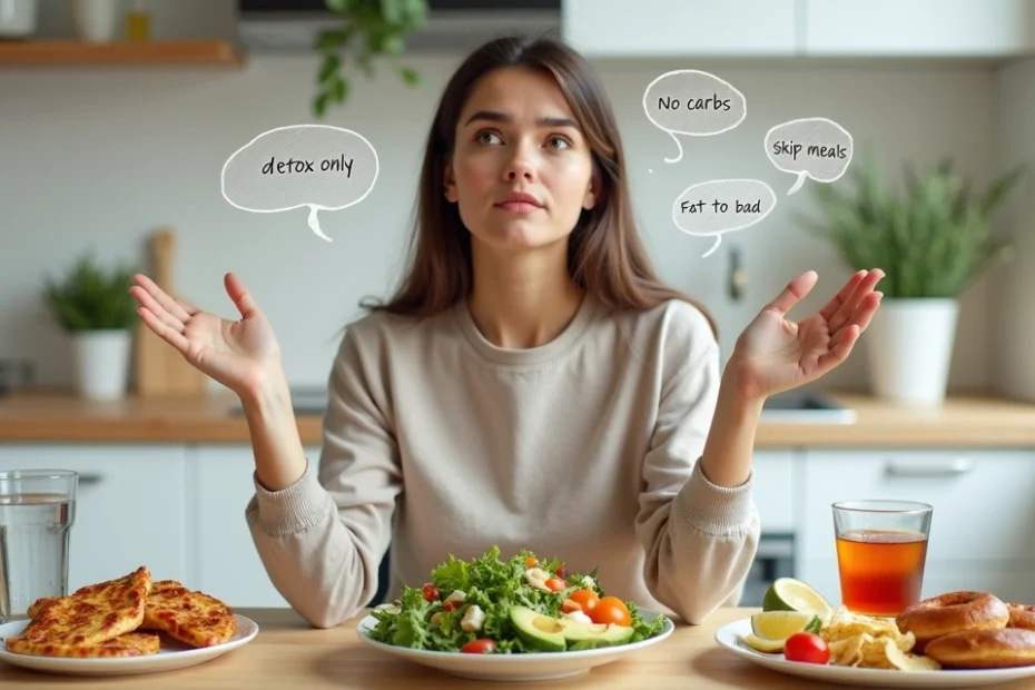 Woman comparing healthy food and junk food with diet myths drawn around her