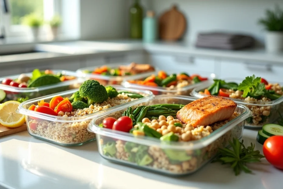 Colorful healthy lunch meal prep containers on a kitchen counter