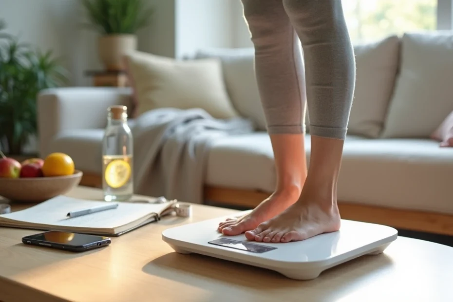 Woman at home tracking weight loss progress on a digital scale and notebook