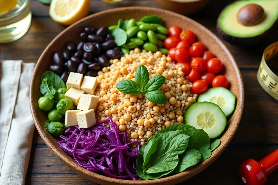 Top view of a colorful plant-based protein bowl with fresh vegetables and grains